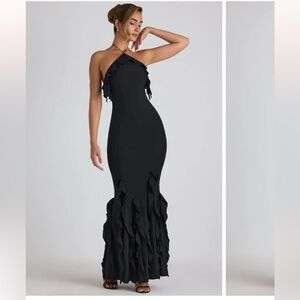 Oh Polly Elegant Black Ruffled Evening Gown